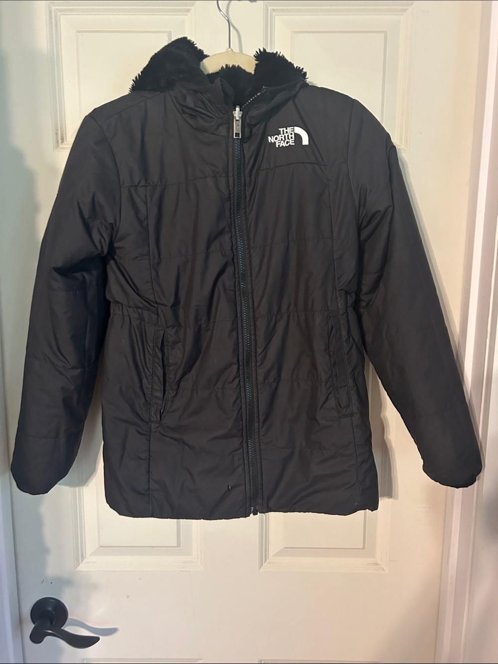 The North Face Reversible Black Puffer Jacket with Faux-Fur Trim Hood